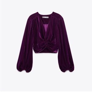 Zara Deep Purple Velvet Twist-Front Balloon-Sleeve Top